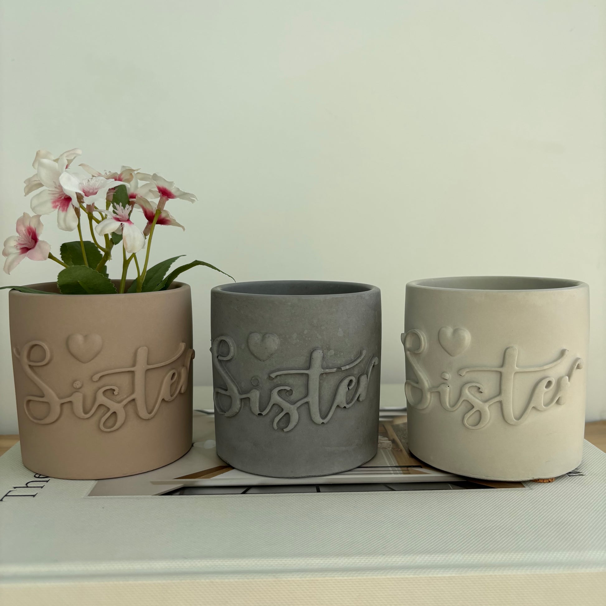 Sister Embossed Concrete Candle Pot