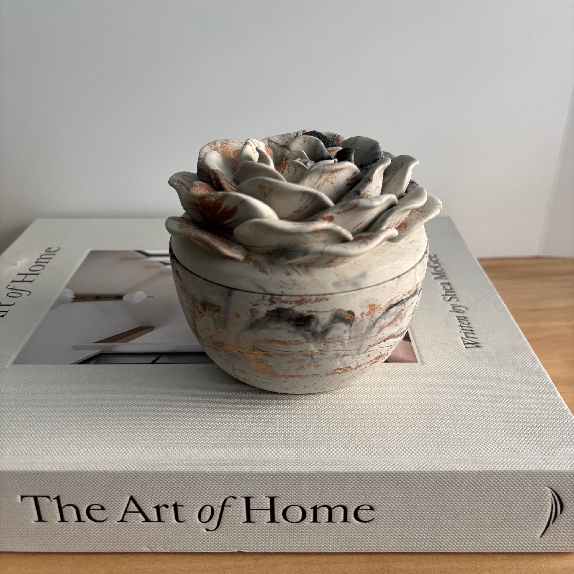 Bloomstone – Flower Lid Concrete Vessel | Handmade Sculptural Candle Jar | Mother’s Day Gift