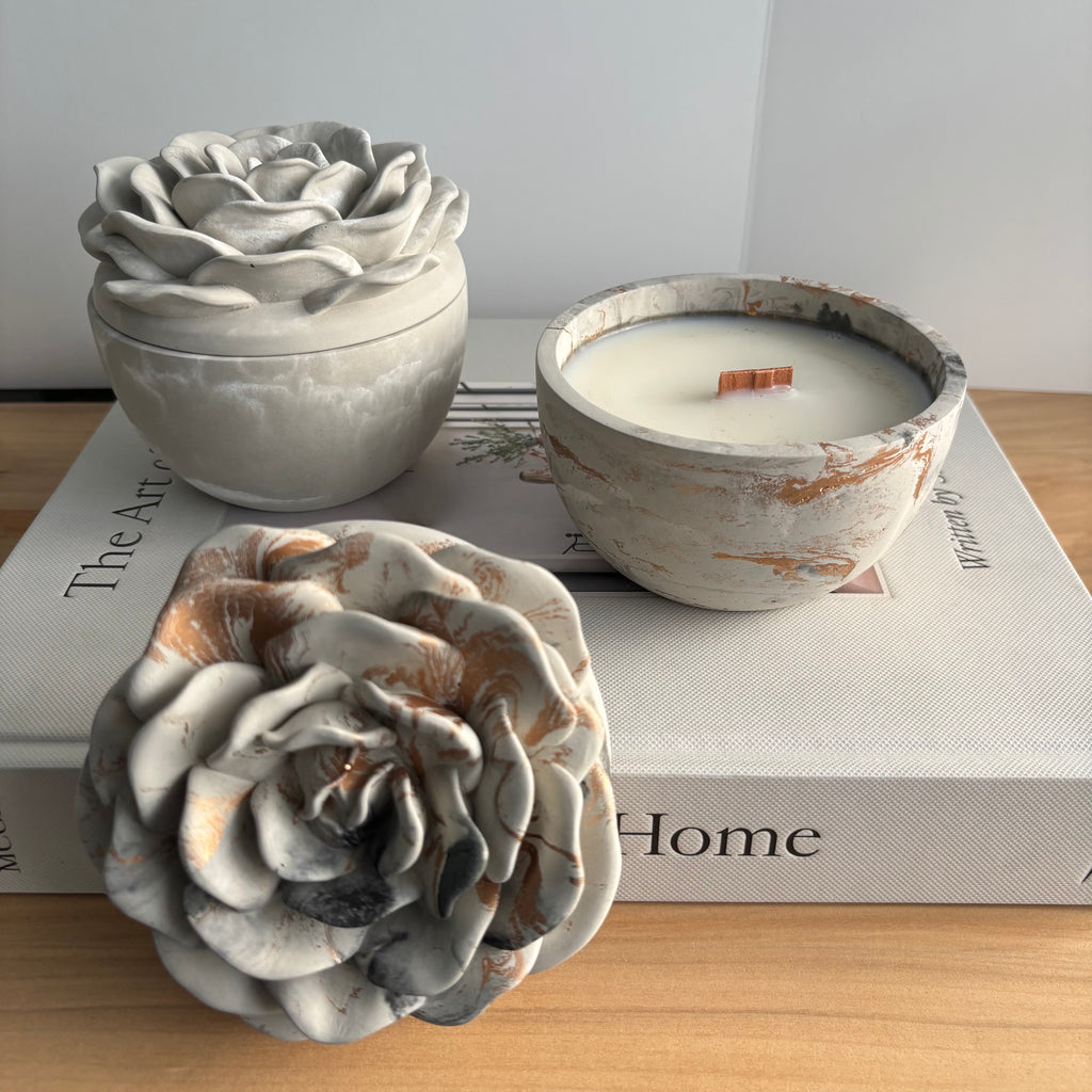 Bloomstone – Floral Lid Concrete Candle | Handmade Sculptural Flower Candle | Valentine’s Day Gift