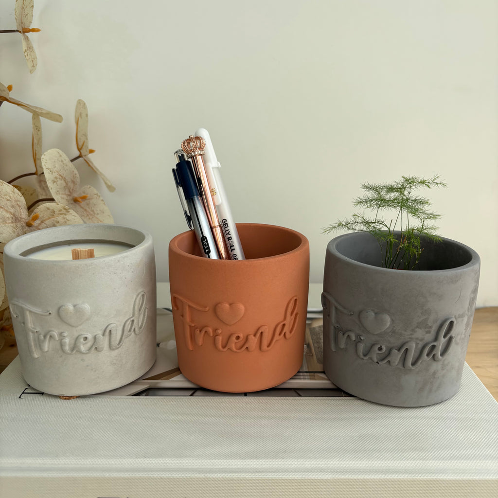 Friend Embossed Concrete Candle Pot