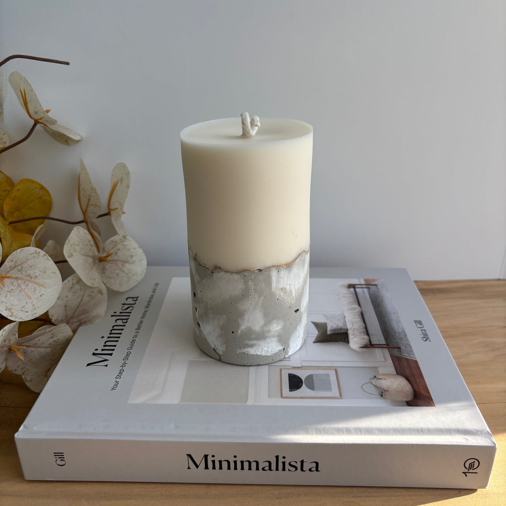 Concrete & Wax Pillar Candle – Handmade Modern Concrete Candle | Minimal Home Decor Statement