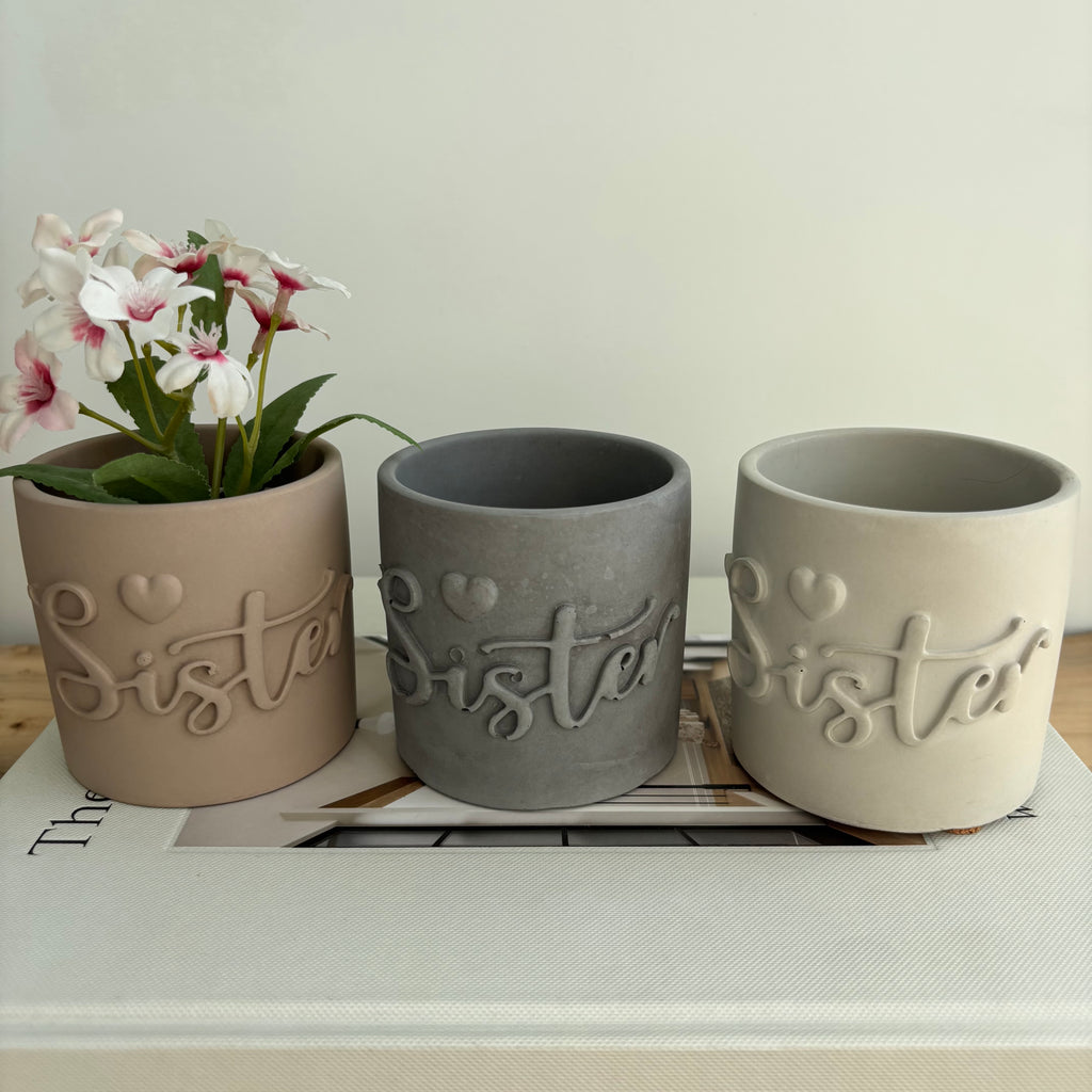Sister Embossed Concrete Candle Pot